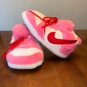 Pink and White Fuzzy Slippers with Red Accents